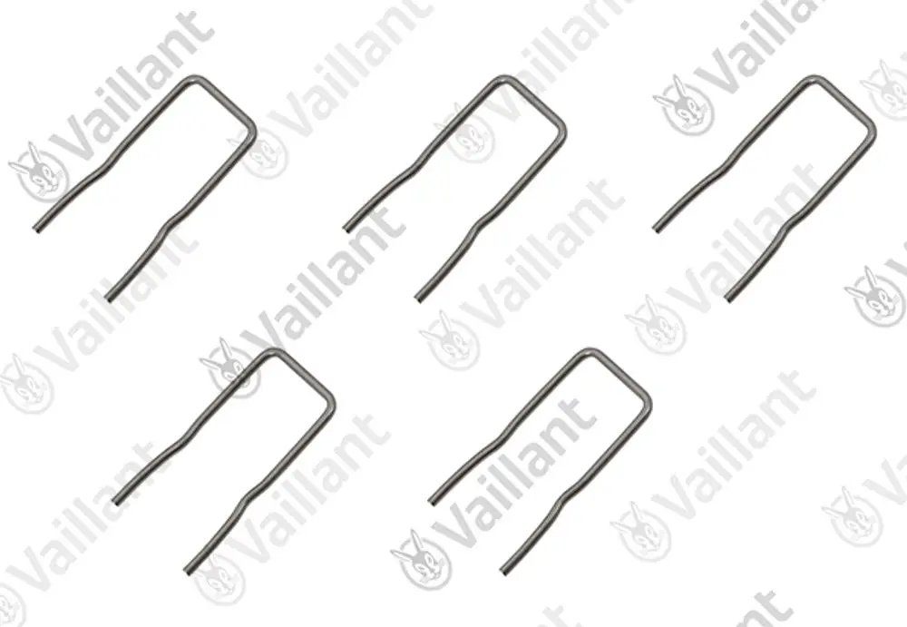 Fünf Metall-Klemmen, hergestellt von Vaillant, in U-Form angeordnet, möglicherweise für Verbindungselemente oder elektrische Anwendungen.
